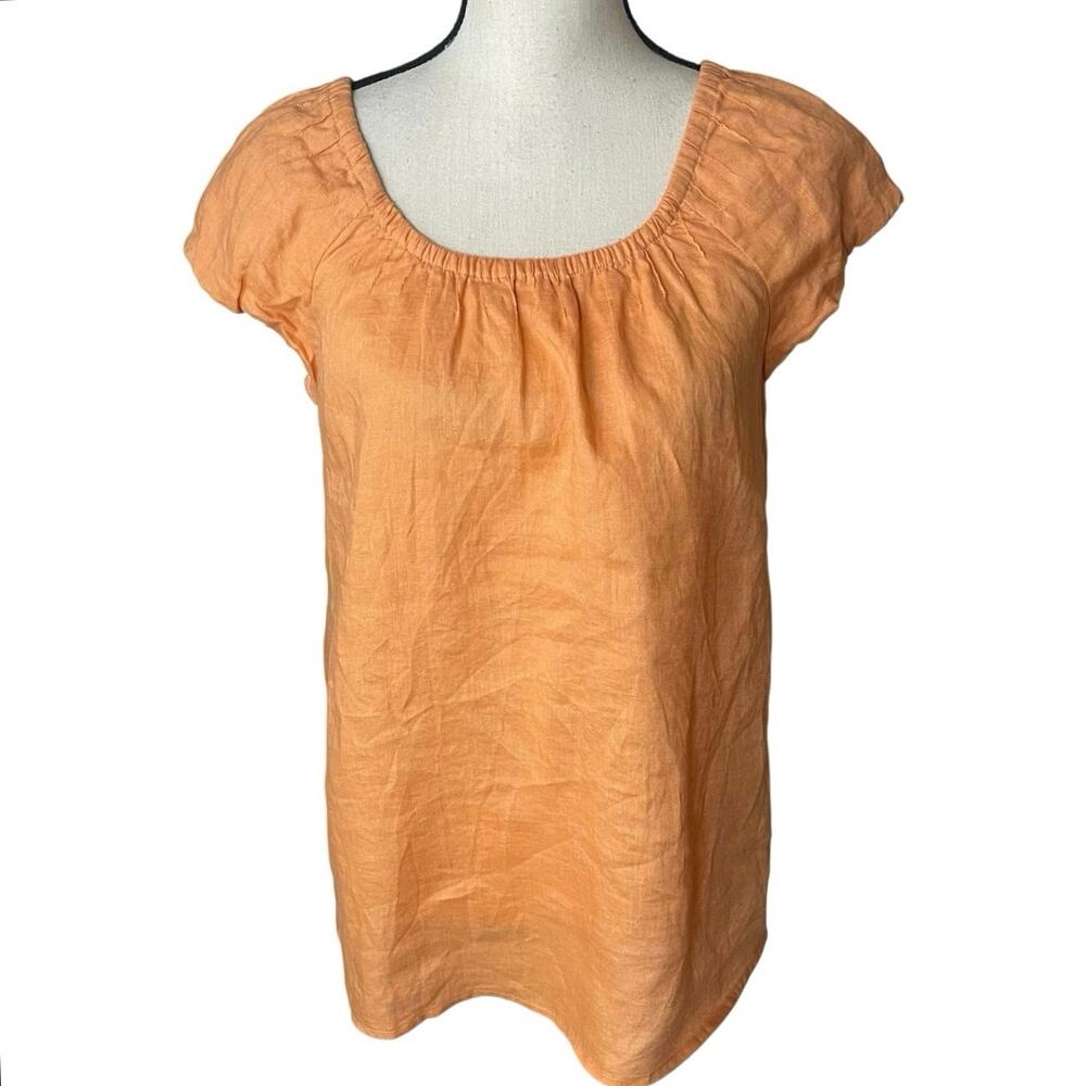 J.Jill 100% Linen Peasant Top Orange Short Sleeve Gathered Neckline Size S Boho